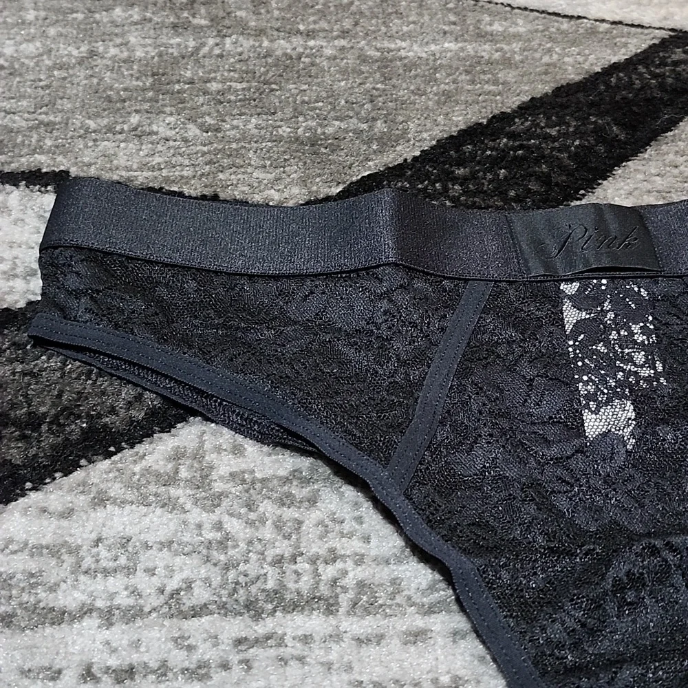 VS PINK BLACK LACIE LOGO PATCH BRAZILIAN PANTY